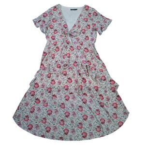 Nasty Gal Floral Tiered Midi Dress V-Neck Short Sleeve Cream Pink UK14 US10.